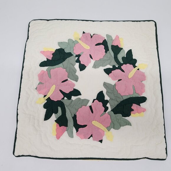 Handmade Quilted Pillow Cover 18x18 Inch Hibiscus Wreath Design White/Pink/Green - Picture 1 of 6
